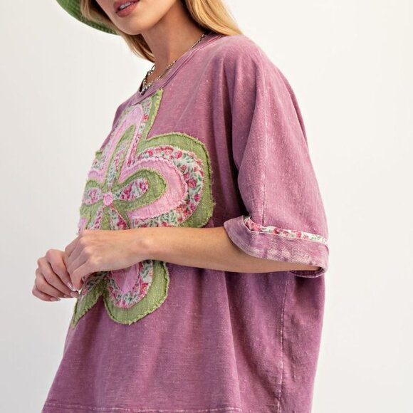 E22 Easel Dusty Magenta Pink Flower Patch Washed 100% Cotton Slub Top Oversized - Picture 3 of 5